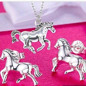 Sterling Silver Horse Necklace Earrings Set HorseBit, Snaffle, D Ring Charm